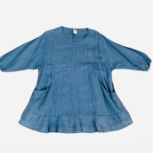 LA FIXSUN Lagenlook Blue 100% Linen Double Layered Hemline Tunic Top Size Small